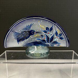 Vintage Blown Art Glass Napkin Holder Hand Painted Folk Art Bird Design